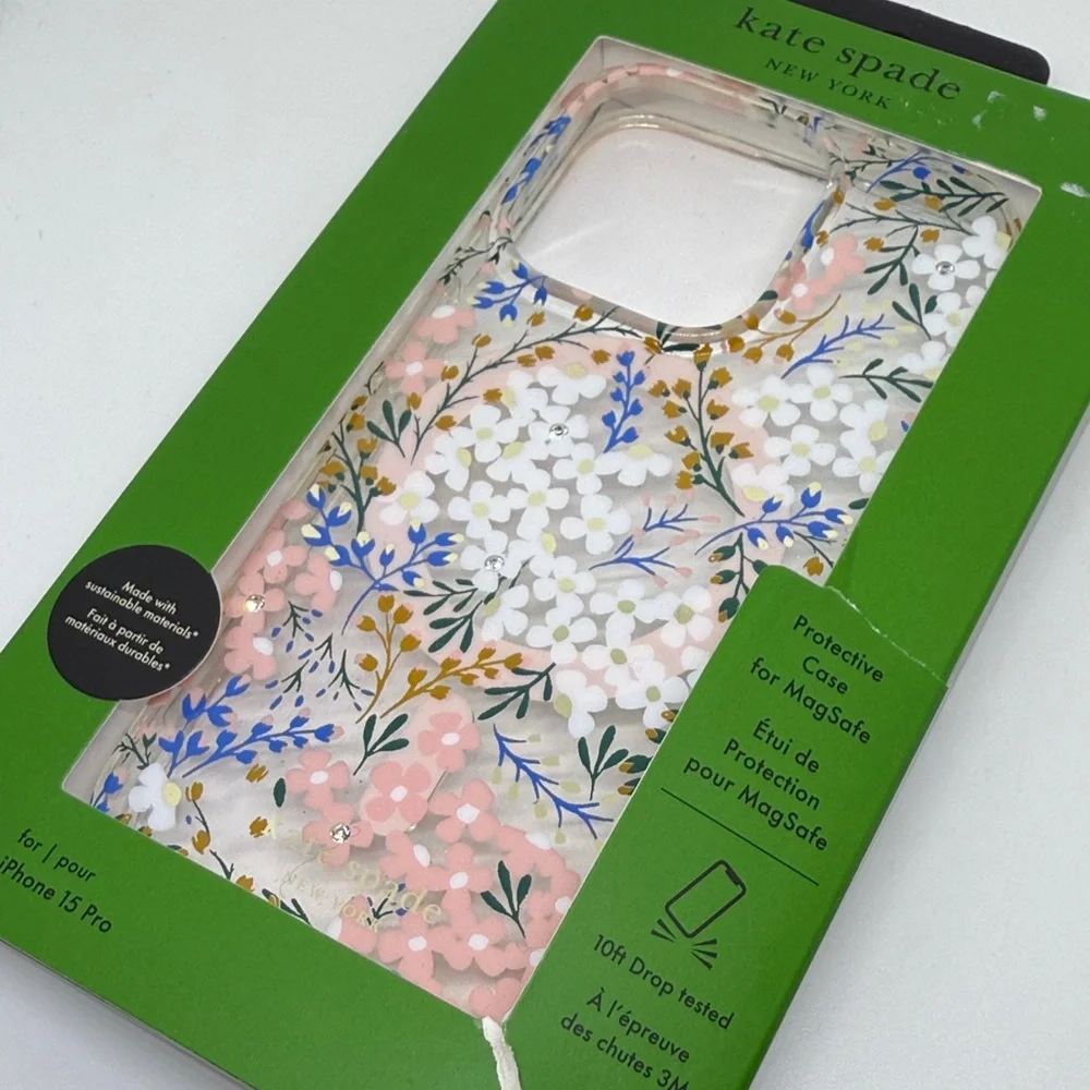 Kate Spade iPhone 15 Pro Case Pink Blue Gold Floral MagSafe NWT